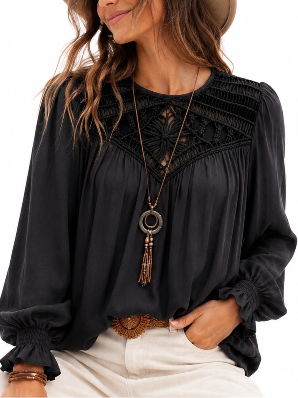 Ramy Brook Rare Black Polyester long sleeve blouse Boho crochet details XXS to S
